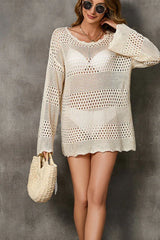 White Open-Knit Hollow Out Long Sleeve Beach Cover-Up - TEVQA