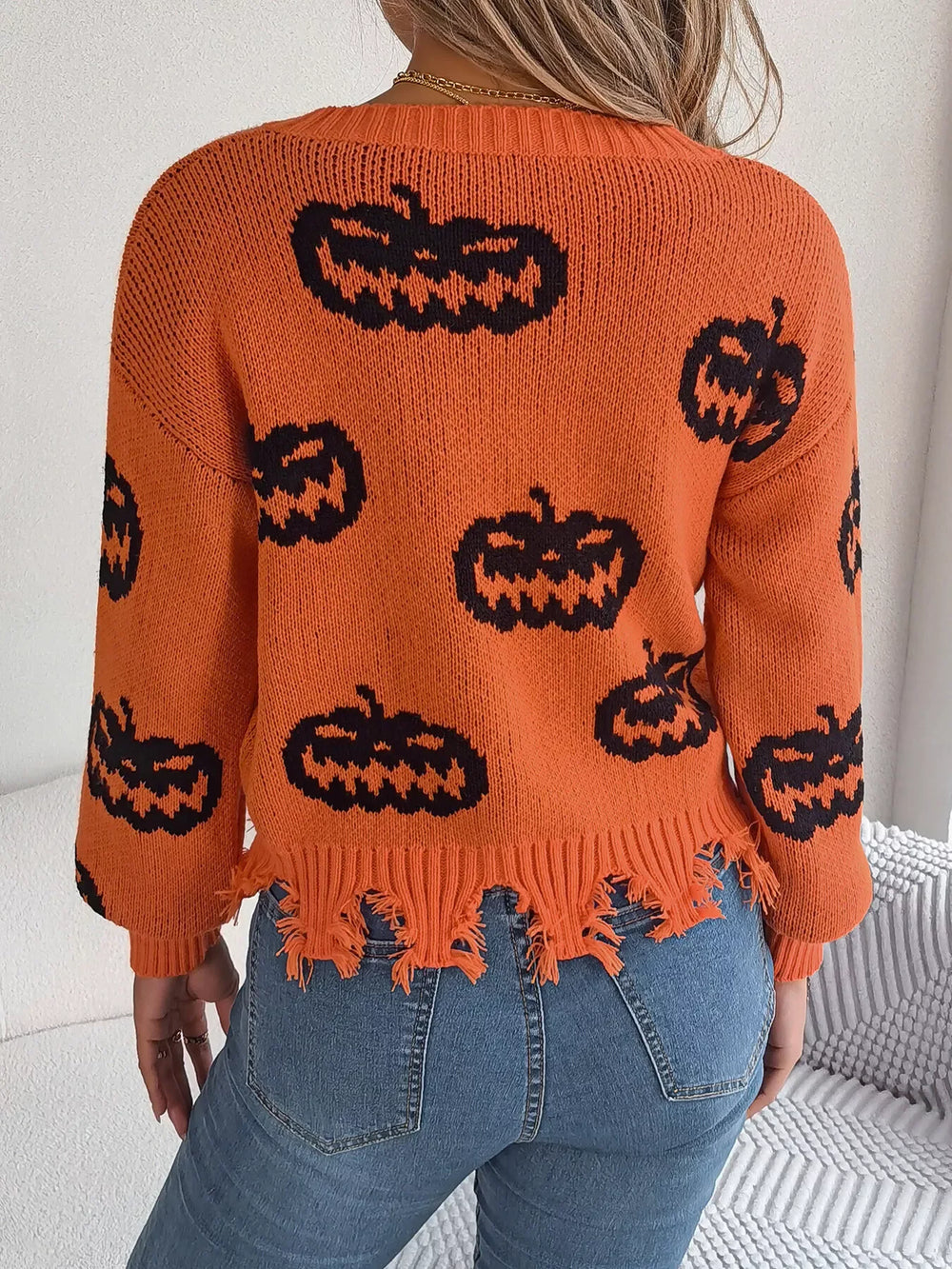 Distressed Pumpkin Knit Sweater - View 14 | TEVQA