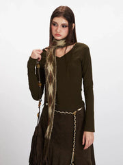 Vintage Dark Olive V-Neck Raglan Crop Top - TEVQA