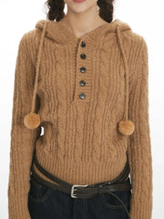 Soft Bouclé Knit Pom-Pom Hooded Sweater - TEVQA