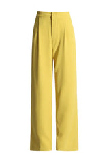 A pair of yellow wide-leg pants with a high waist and button closure, displayed on a white background.