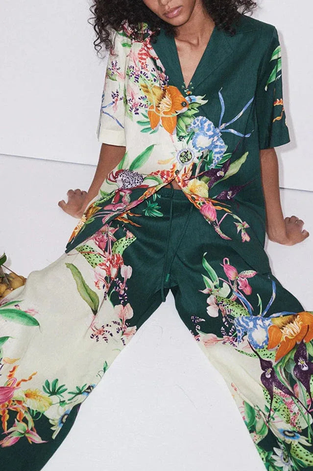 Close-up of a model wearing a floral print two-piece set.