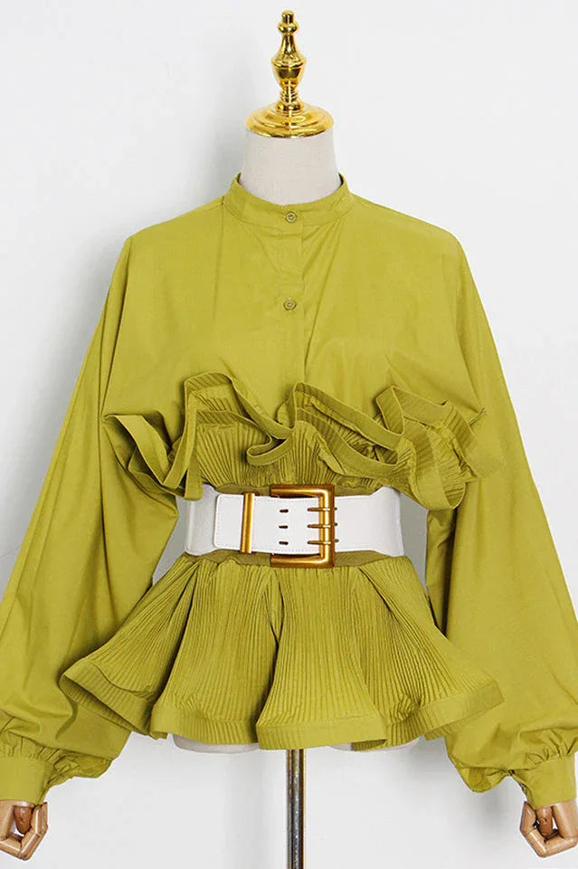Athina Pleated Ruffle Waist Belt Blouse - View 6 | TEVQA