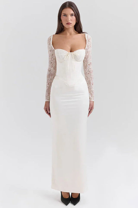 Vintage Ivory Satin Maxi Dress - TEVQA