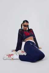 Navy cropped knit sweater with appliqué numbers and contrast trim - View 7 | TEVQA