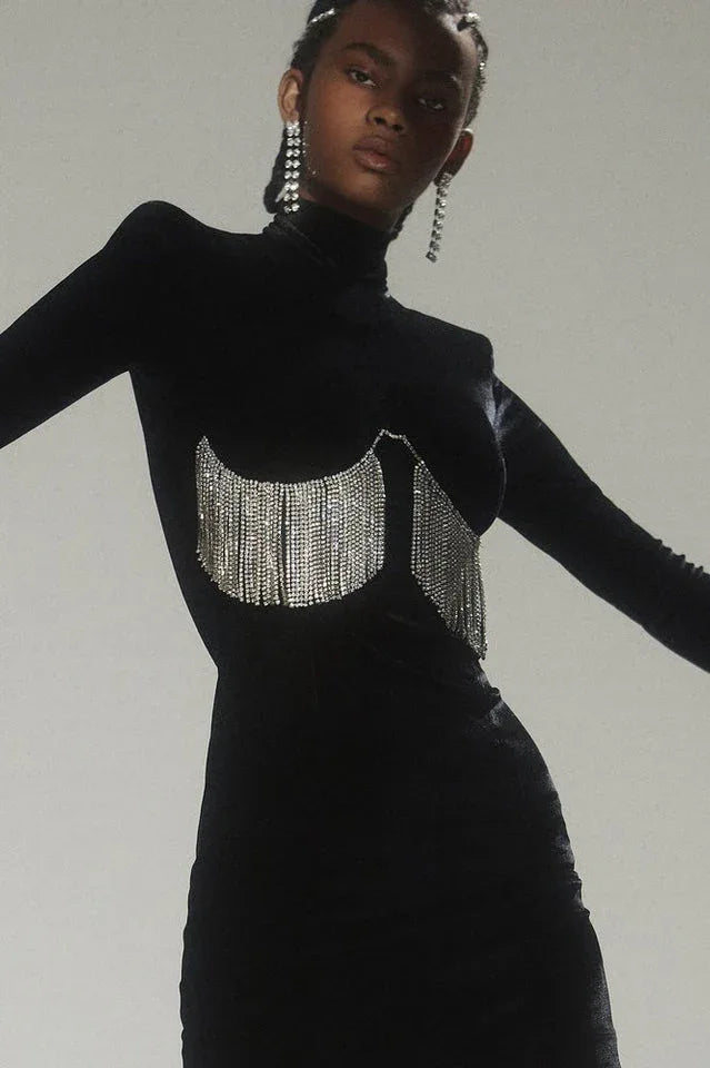 Black velvet mini dress with crystal fringe detail - View 8 | TEVQA