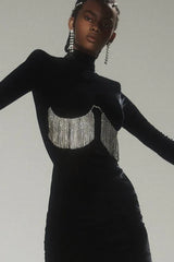 Black velvet mini dress with crystal fringe detail - View 8 | TEVQA