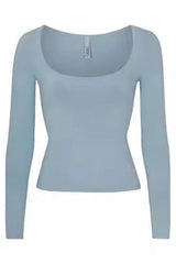 Light blue long-sleeve cropped top with a square neckline, front view.