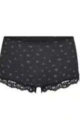 Black floral print briefs with scalloped lace trim