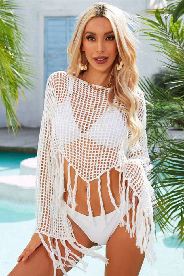 Women’s Boho Fringe Crochet Knit Beach Cover Up - TEVQA