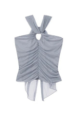 Gray ruched halter top with O-ring detail - View 7 | TEVQA
