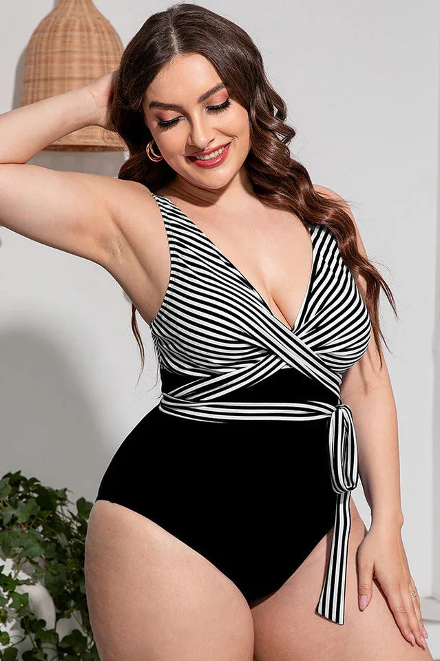 Striped Tie Waist One Piece Swimsuit - View 6 | TEVQA