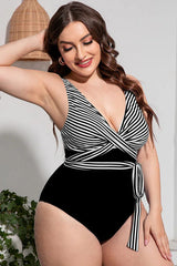 Striped Tie Waist One Piece Swimsuit - View 6 | TEVQA