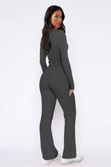 Ribbed knit pajama set with V-neck top and flared pants - View 6 | TEVQA