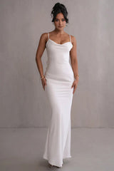 Elegant satin maxi gown with floral trim - View 6 | TEVQA