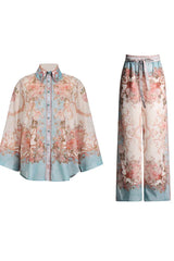 floral print button-down shirt and wide-leg pants set in blue and pink