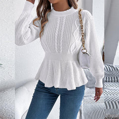 White Cable Knit Peplum Sweater - TEVQA