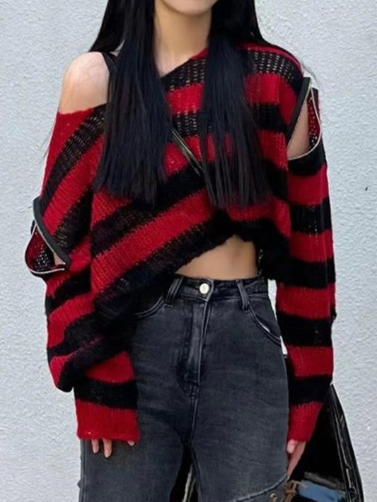 Y2K Grunge Striped Crop Sweater - TEVQA