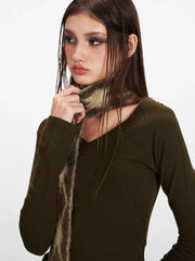 Vintage Dark Olive V-Neck Raglan Crop Top - TEVQA