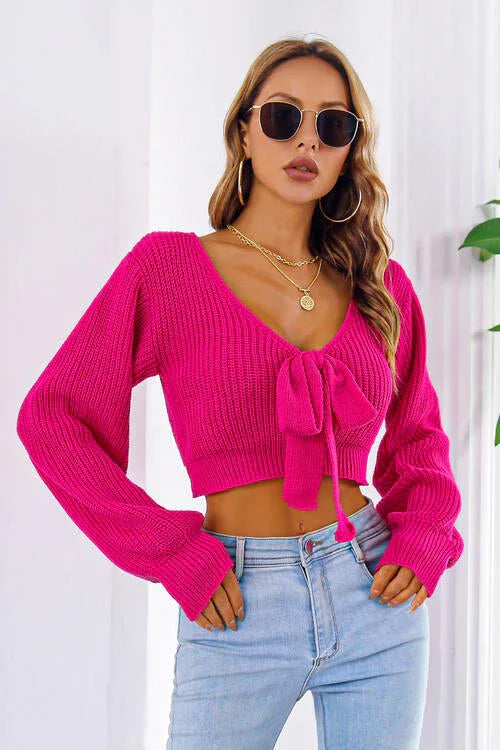 Ribbed knit crop sweater with tie neck - View 13 | TEVQA