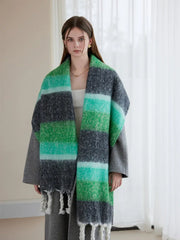 Oversized Monochrome Striped Tassel Shawl - View 11 | TEVQA