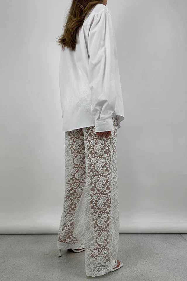 Lace Wide Leg Trousers - View 6 | TEVQA