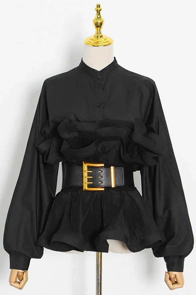 Athina Pleated Ruffle Waist Belt Blouse - View 7 | TEVQA