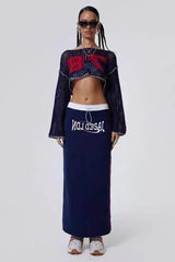 Navy cropped knit sweater with appliqué numbers and contrast trim - View 8 | TEVQA