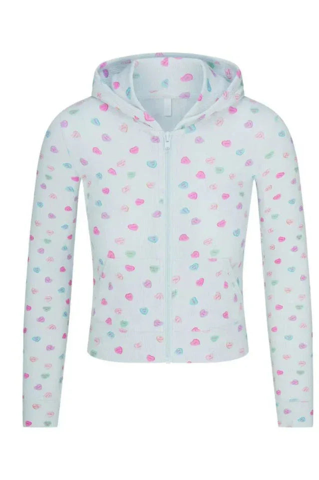 A light blue cropped hoodie with a heart print pattern, featuring a zipper closure and pockets.