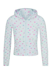 A light blue cropped hoodie with a heart print pattern, featuring a zipper closure and pockets.