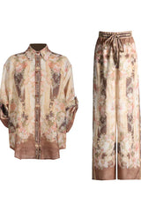 floral print button-down shirt and wide-leg pants set in brown and beige