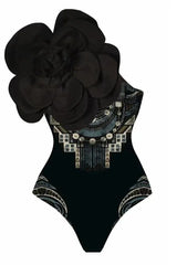One shoulder swimsuit with tropical print and floral applique, paired with a matching skirt. - View 10 | TEVQA
