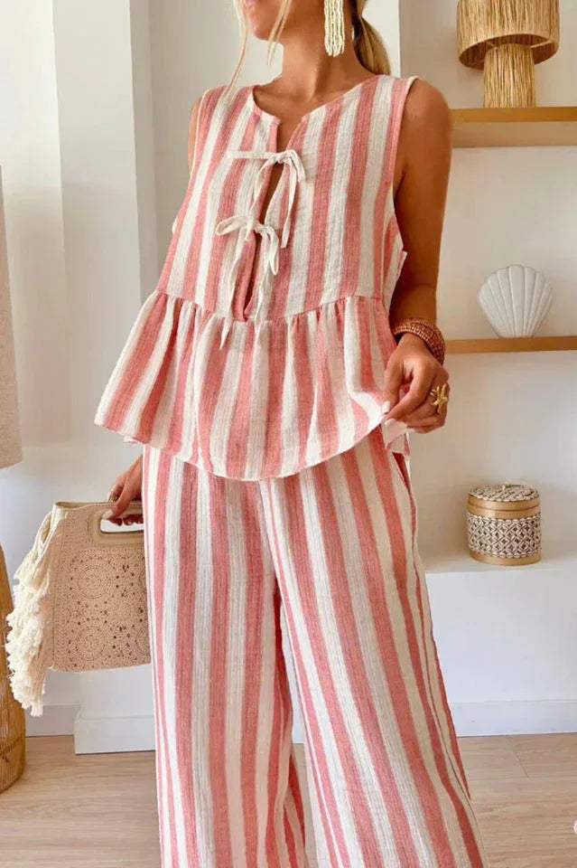 Striped linen blend wide leg pants set - View 7 | TEVQA