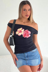Twist Off Shoulder Graphic Top - TEVQA