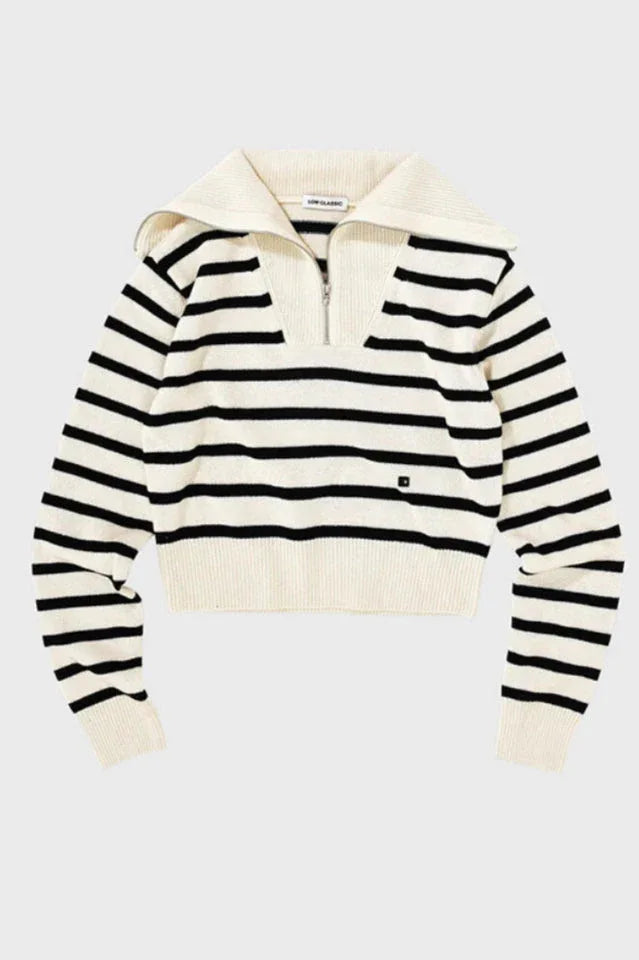 Wool Cashmere Sailor Collar Sweater - Striped Half-Zip Knit Pullover - TEVQA