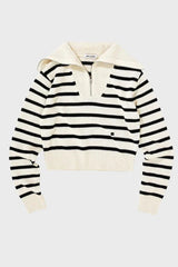 Wool Cashmere Sailor Collar Sweater - Striped Half-Zip Knit Pullover - TEVQA