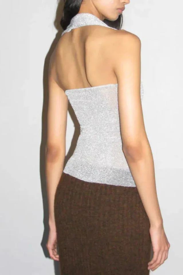 Back view of a silver sparkly halter top with a halter neckline.