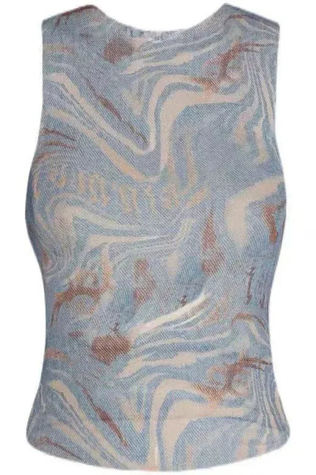 Close-up of a marble print mesh tank top