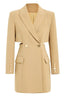 Studio shot of a tan double-breasted blazer dress with cut-out sides and gold-tone buttons.