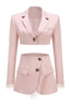 Pink cropped blazer and asymmetrical skirt with feather trim laid flat, front view
