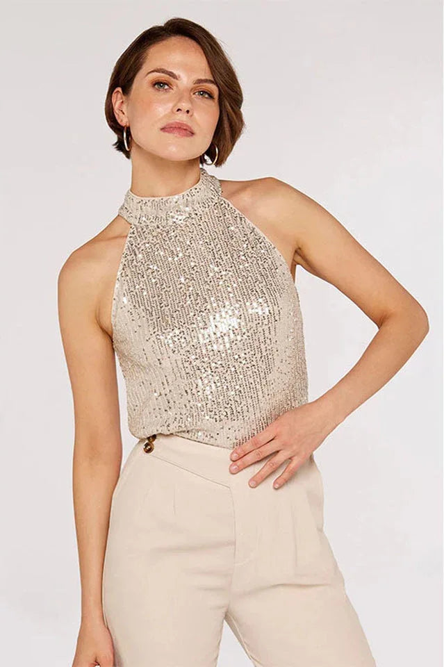 Apricot Champagne Sequin Halter Neck Top | Elegant High Neck Sleeveless Blouse - TEVQA