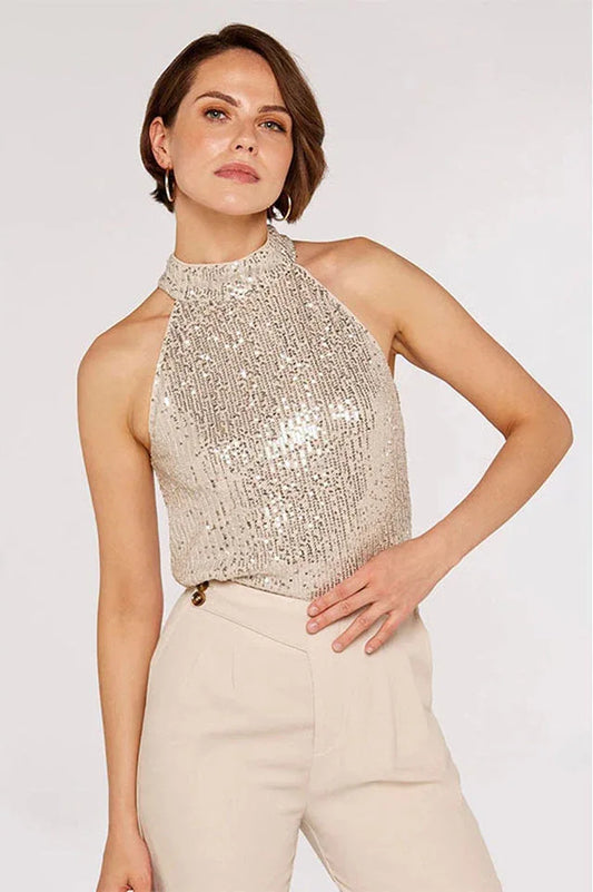 Apricot Champagne Sequin Halter Neck Top | Elegant High Neck Sleeveless Blouse - TEVQA