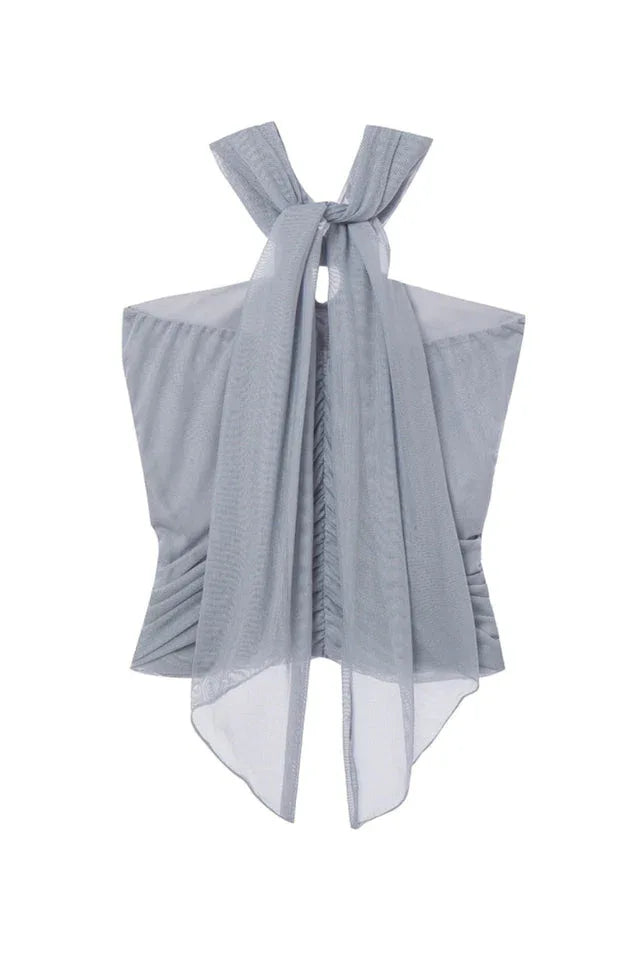 Gray ruched halter top with O-ring detail - View 8 | TEVQA