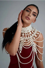 Megan Pearl Body Chain Bra - Statement Shoulder Bib Necklace & Bridal Cape Jewelry - TEVQA