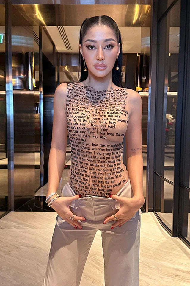 Text print sleeveless mesh top - View 6 | TEVQA