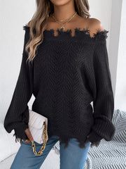 Distressed Off-Shoulder Knit Sweater - View 7 | TEVQA