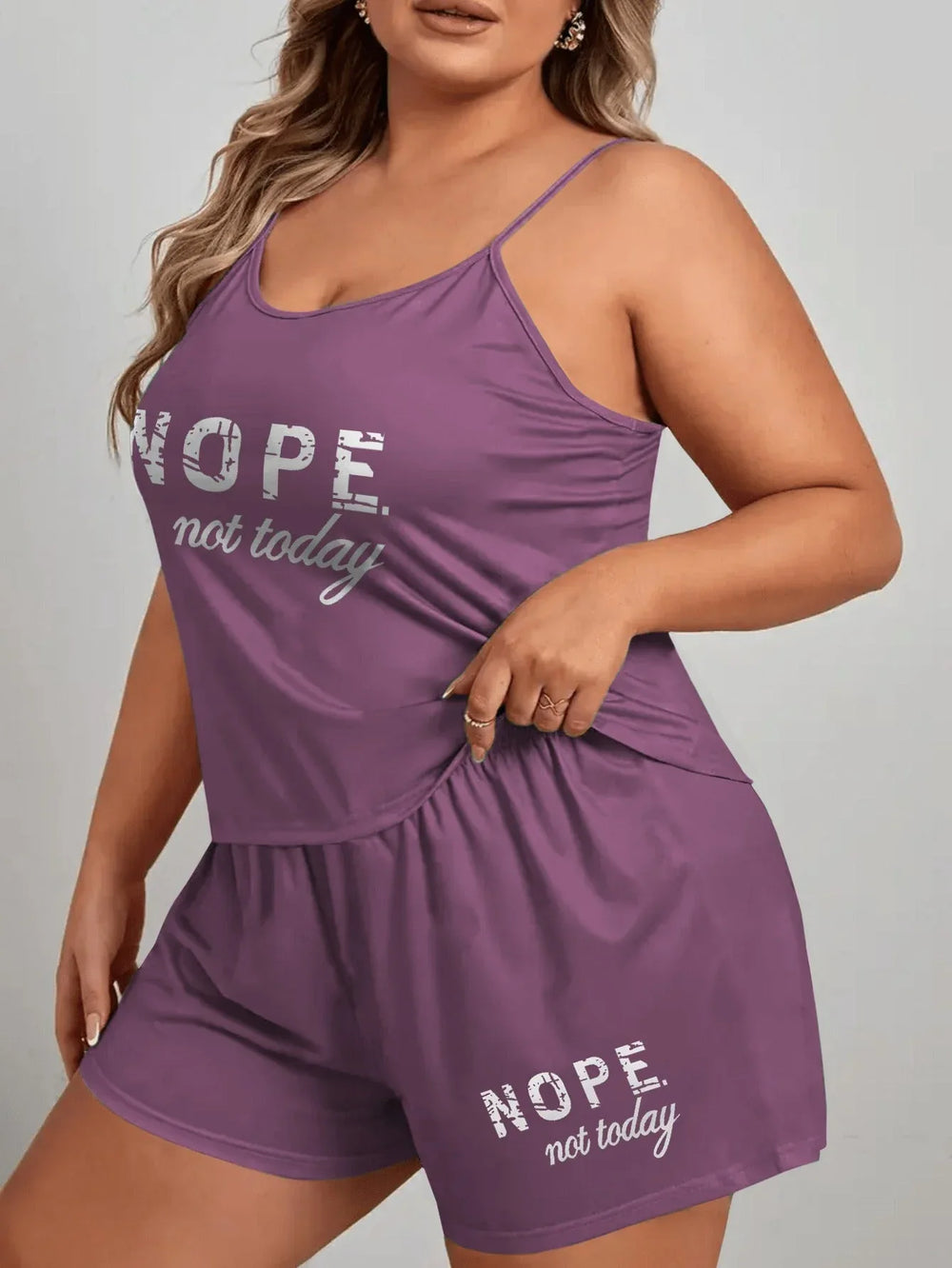 Plus Size "Nope Not Today" Graphic Cami & Shorts Pajama Set - TEVQA