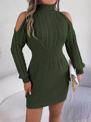 Green Cold Shoulder Cable Knit Sweater Dress - View 7 | TEVQA