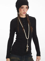 Y2K Essential Ribbed Henley Long Sleeve Top - TEVQA
