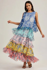 Close-up of the tiered design and colorful fabric of a women's maxi dress.
